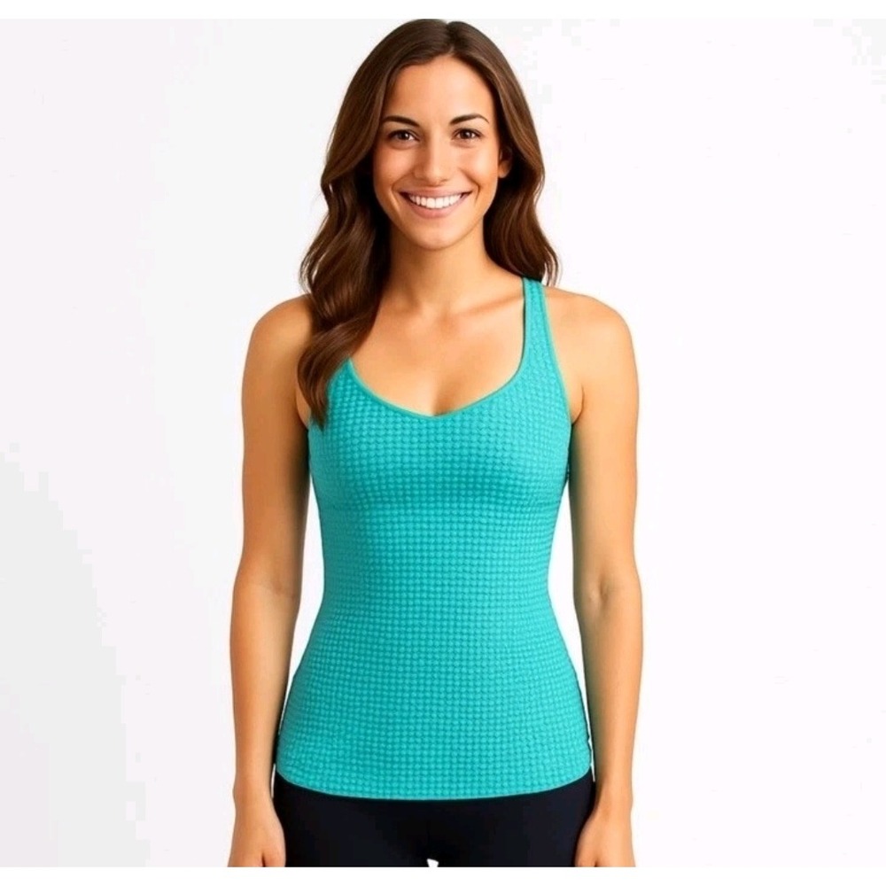 Lucy Powermax Teal Floral Daisy Racerback Tank Top Built-in Bra Large Activewear